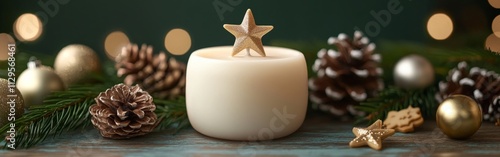 Glowing Candle with Pinecones and Ornaments photo