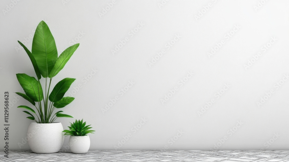 Minimalist interior with green plants against white background Minimalist interior with green plants against white background