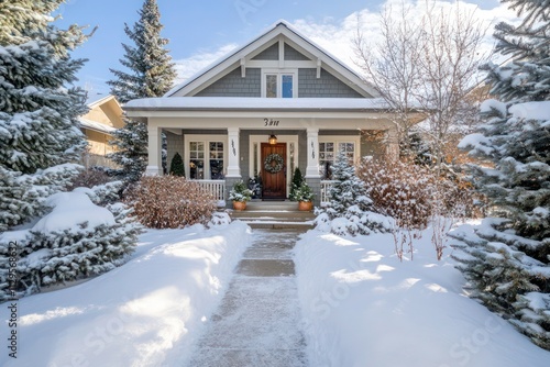 A Craftsman home with snow-covered pathways, surrounded by evergreen trees and a charming front porch adorned with winter decor
