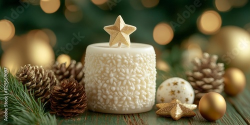 Glowing Candle with Pinecones and Ornaments photo