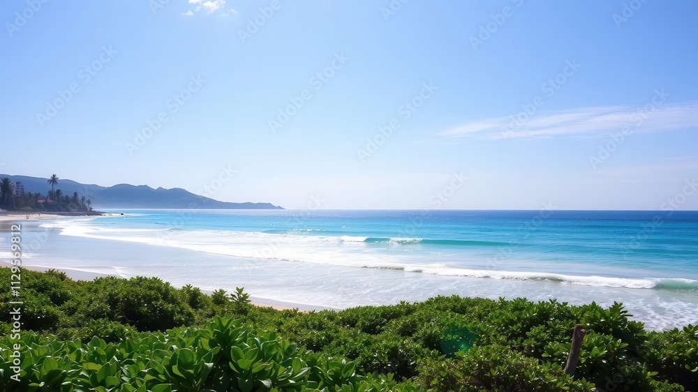 Beautiful golden beach with crystal clear blue waters and lush green palm trees, bright, destination, tropical Beautiful golden beach with crystal clear blue waters and lush green palm trees, bright, destination, tropical