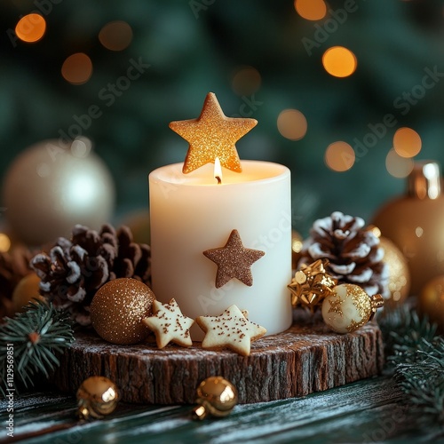 Glowing Candle with Pinecones and Ornaments photo