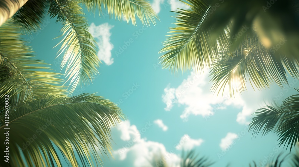 Naklejka premium Low-angle shot of three palm trees, summer vibes, tropical background