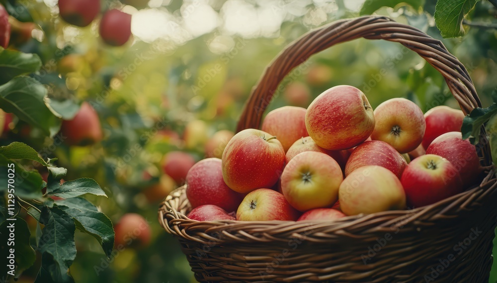 A basket overflowing with fresh, ripe apples set against a picturesque orchard background, showcasing the beauty of nature and harvest. A basket overflowing with fresh, ripe apples set against a picturesque orchard background, showcasing the beauty of nature and harvest.