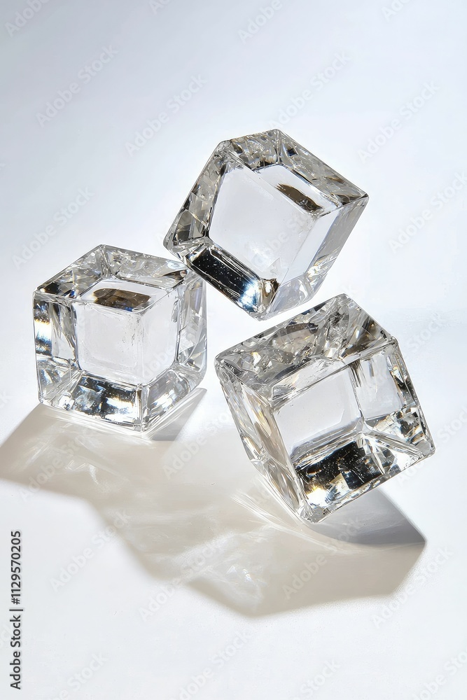 Dynamic shadows swirl around levitating crystal cubes against a bright white backdrop, exploring interplay of light and form. Dynamic shadows swirl around levitating crystal cubes against a bright white backdrop, exploring interplay of light and form.