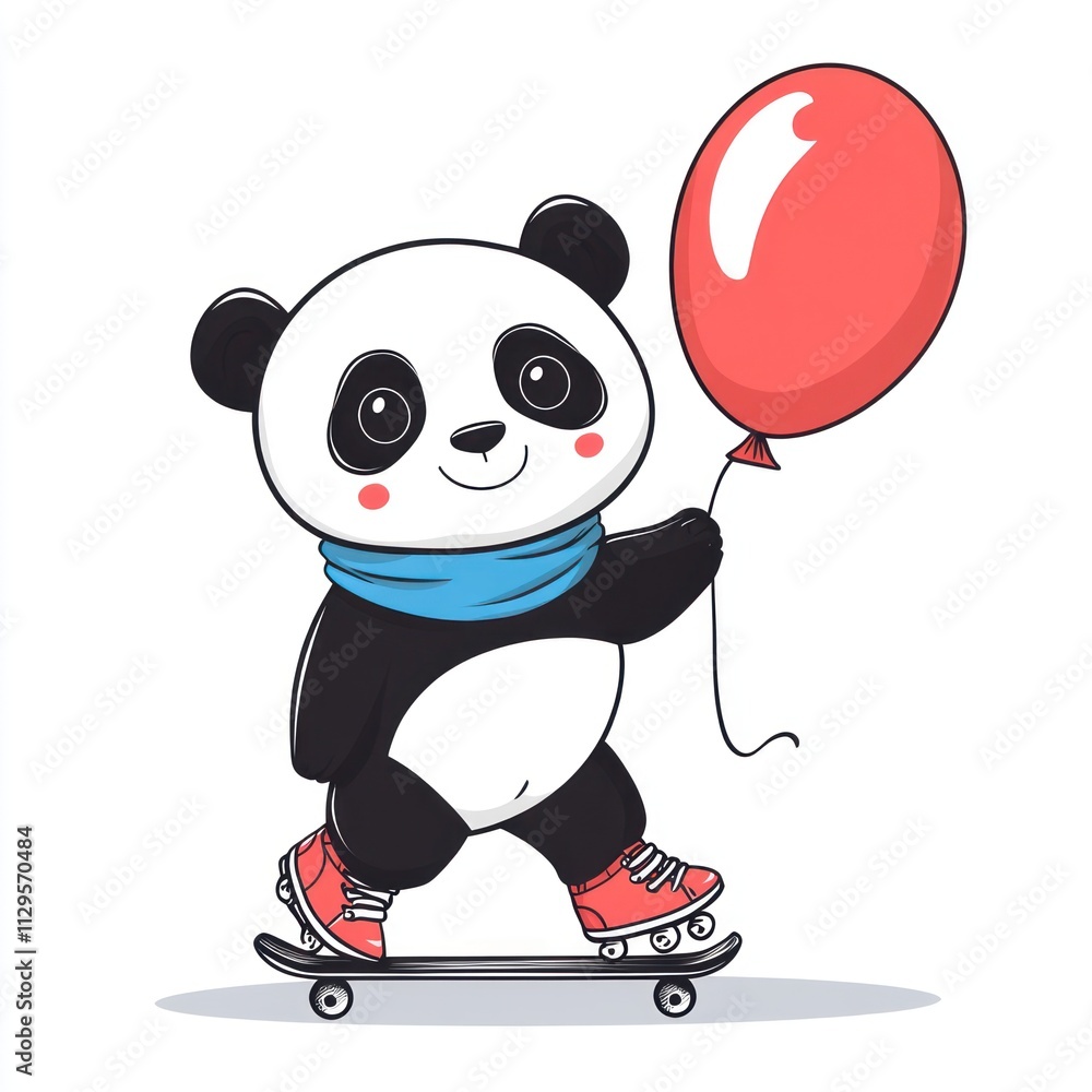 Cute panda on skateboard with red balloon. Cute panda on skateboard with red balloon.