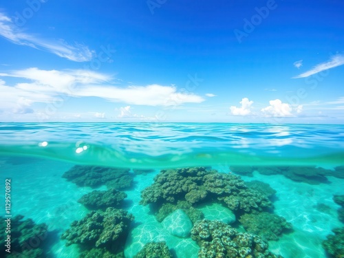 Blue sea with a sunlit surface and cloudy skies, revealing a vibrant underwater world filled with colorful coral reefs and marine life, ocean, sky, blue