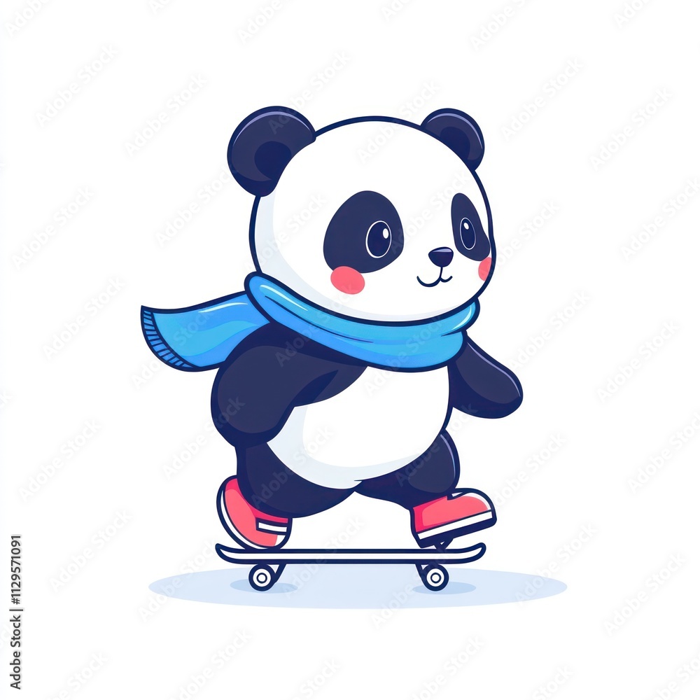 Cute panda skateboarding wearing scarf. Cute panda skateboarding wearing scarf.