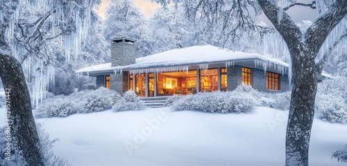 A Craftsman house nestled in a snowy landscape, surrounded by icicle-draped trees and a glowing interior visible through frosty windows photo