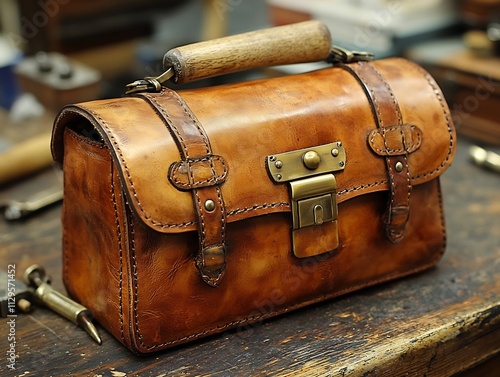 Leather artisan using a mallet and rivet setter to attach brass hardware to a custom leather purse with various tools and pieces of hardware spread across the workbench photo