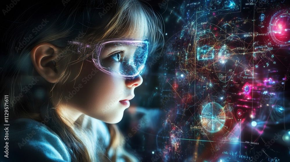 Child wearing goggles, viewing digital information. Child wearing goggles, viewing digital information.