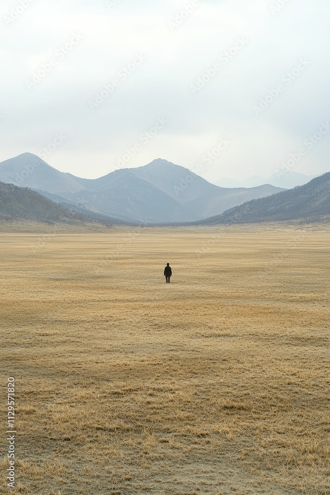 Obraz premium Psychological effects of solitude illustrated through a lone figure surrounded by an expansive, desolate terrain.
