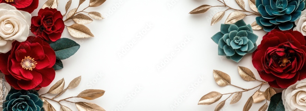 Festive floral arrangement with red, cream, and teal flowers and gold leaves on white background. Festive floral arrangement with red, cream, and teal flowers and gold leaves on white background.