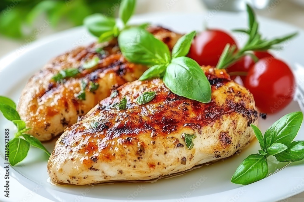 Grilled chicken breasts with basil, rosemary, and cherry tomatoes on a white plate. Grilled chicken breasts with basil, rosemary, and cherry tomatoes on a white plate.
