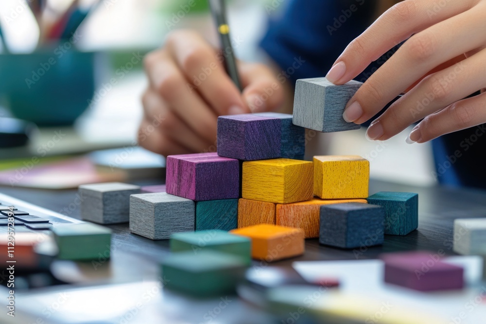 Close-up of hands building a colorful wooden block pyramid on a desk. Close-up of hands building a colorful wooden block pyramid on a desk.