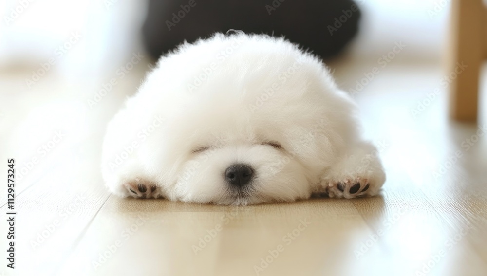 Adorable white puppy sleeping peacefully on hardwood floor. Adorable white puppy sleeping peacefully on hardwood floor.