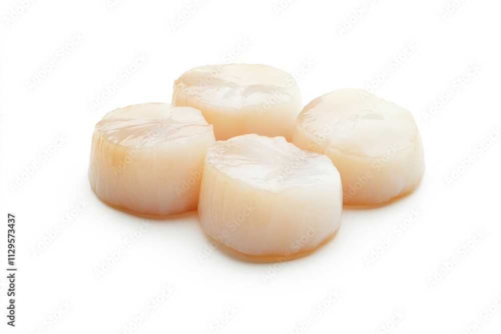 Four fresh, raw scallops isolated on white background. (2) Four fresh, raw scallops isolated on white background. (2)
