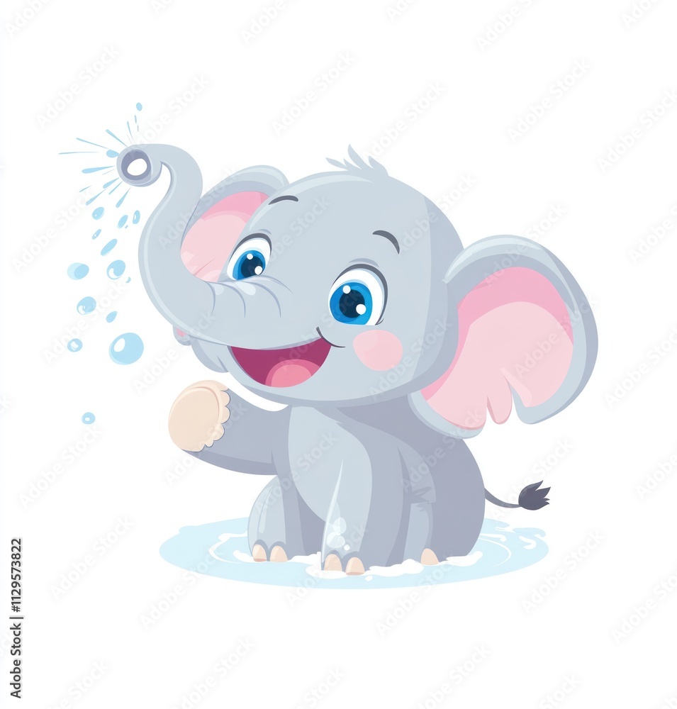 Happy baby elephant playing in water, spraying with its trunk. Happy baby elephant playing in water, spraying with its trunk.