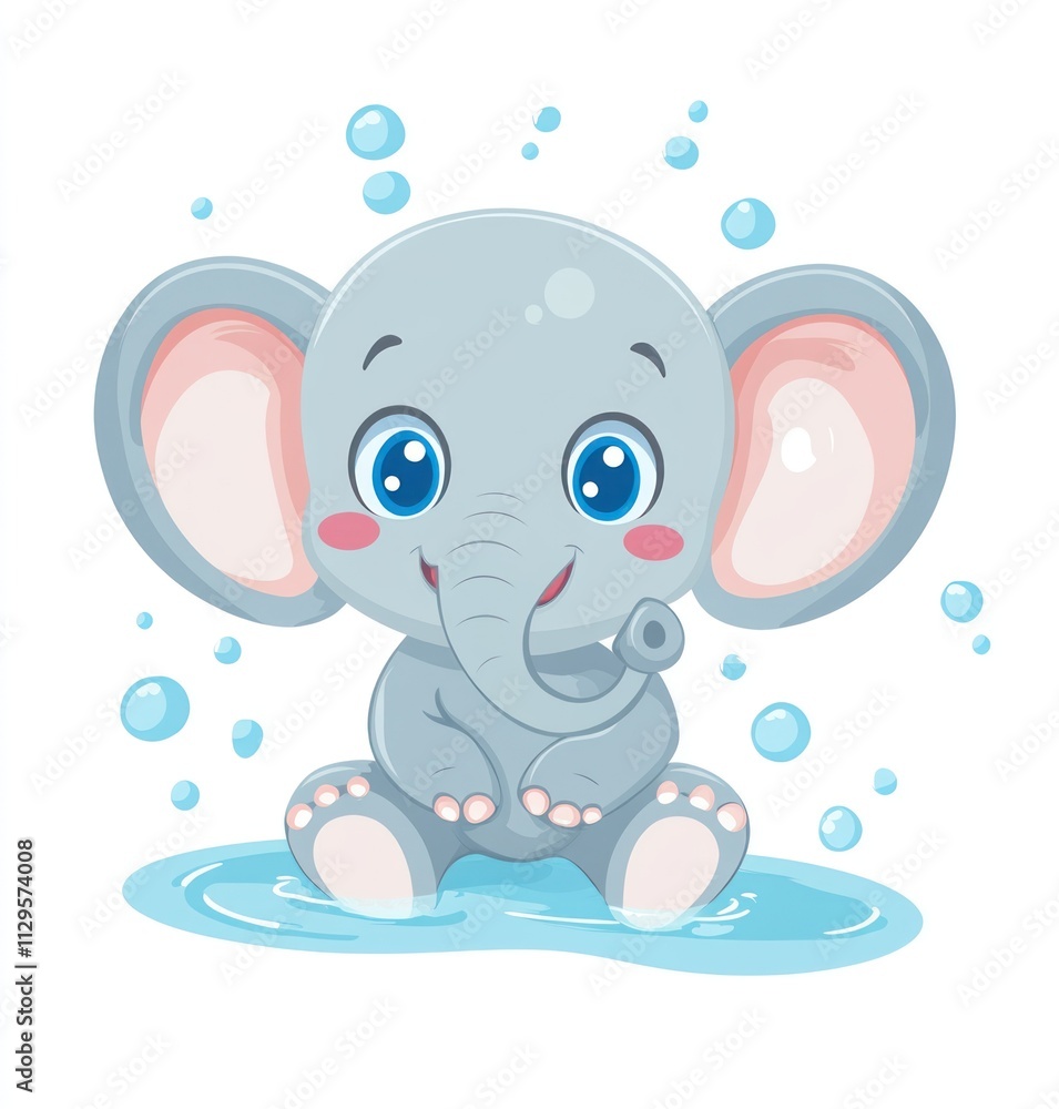 Adorable baby elephant sitting in a puddle of water, surrounded by bubbles. Adorable baby elephant sitting in a puddle of water, surrounded by bubbles.