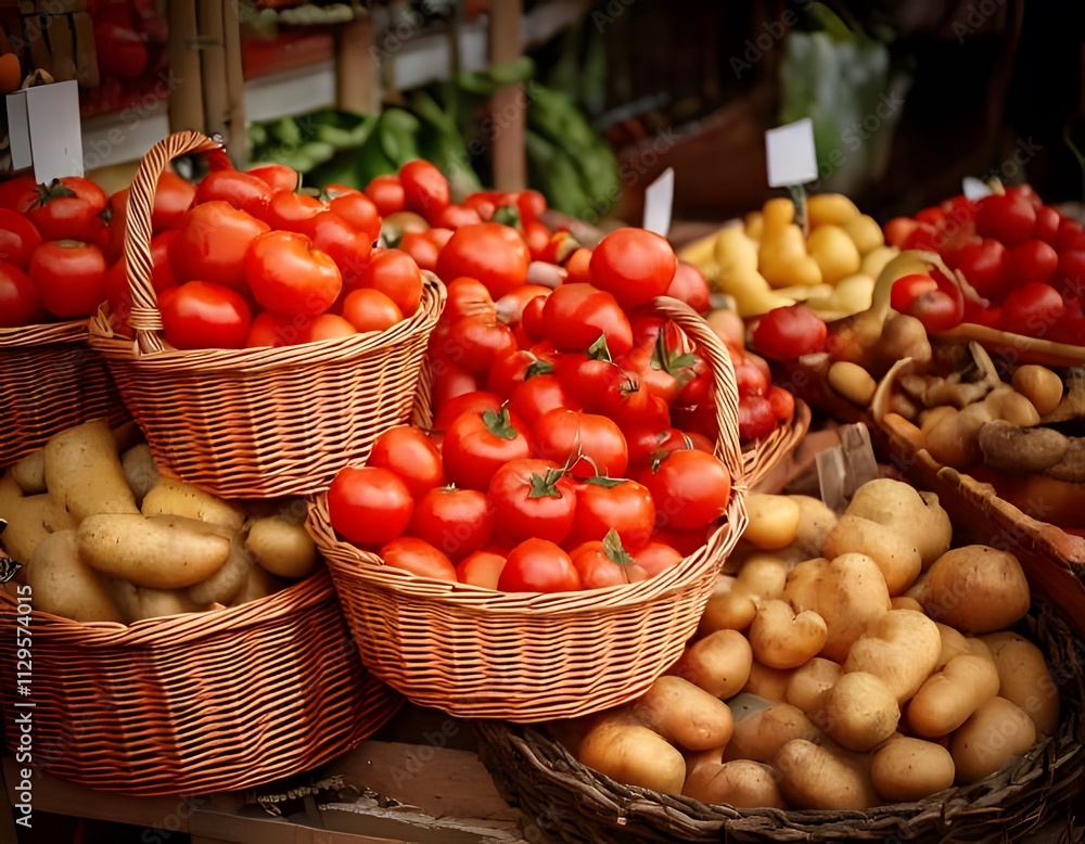 Fresh tomatoes and potatoes in woven baskets at a market stall Fresh tomatoes and potatoes in woven baskets at a market stall