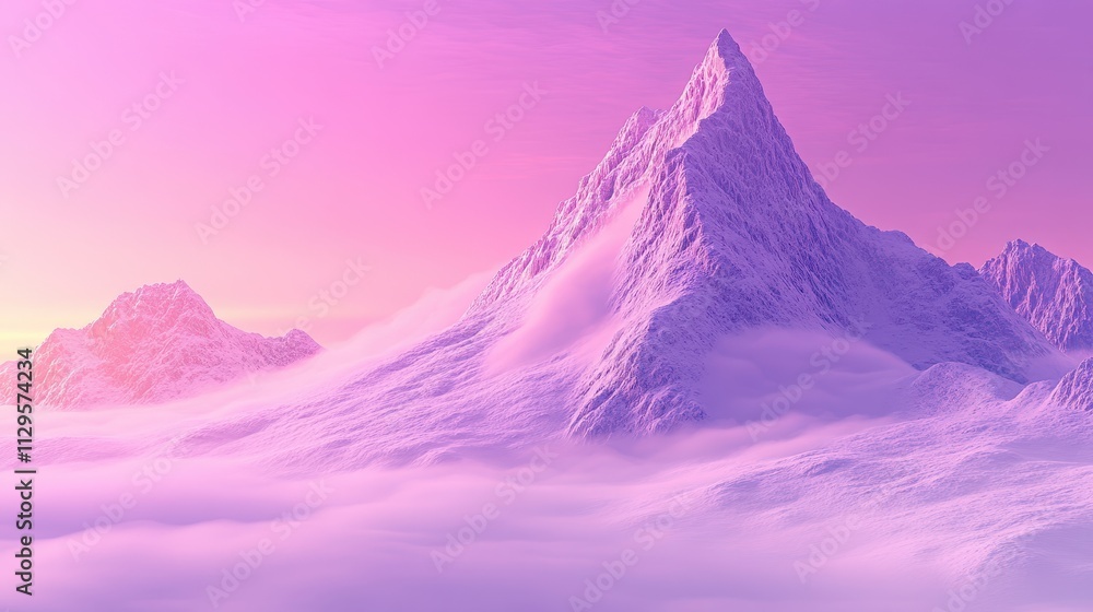 A serene mountain landscape bathed in soft pink and purple hues, surrounded by clouds. A serene mountain landscape bathed in soft pink and purple hues, surrounded by clouds.