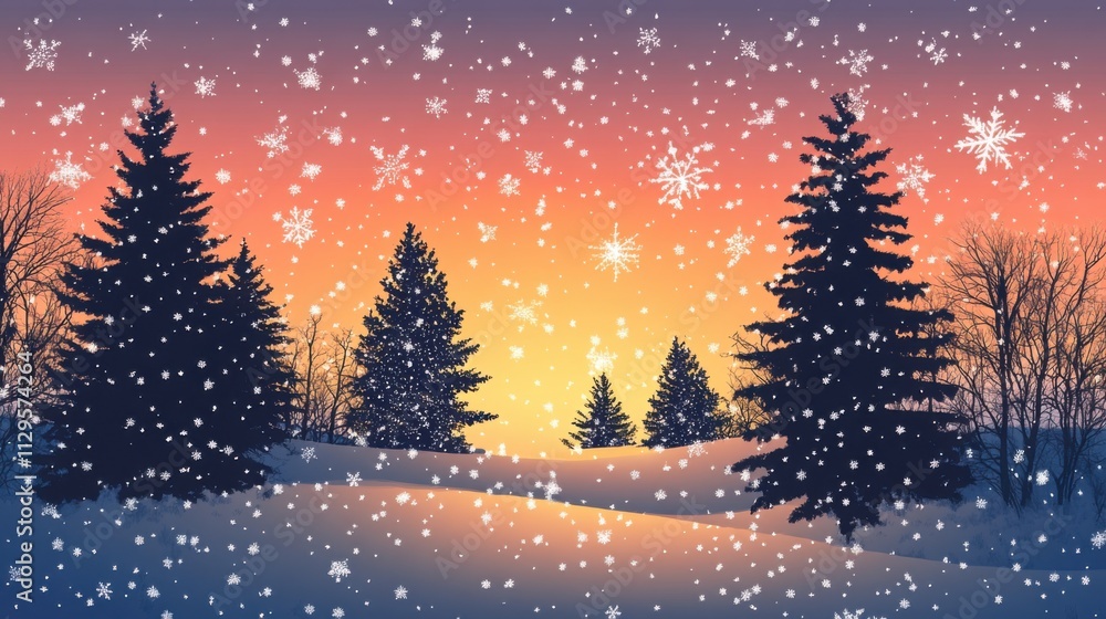 Winter sunset with silhouettes of Christmas trees Winter sunset with silhouettes of Christmas trees