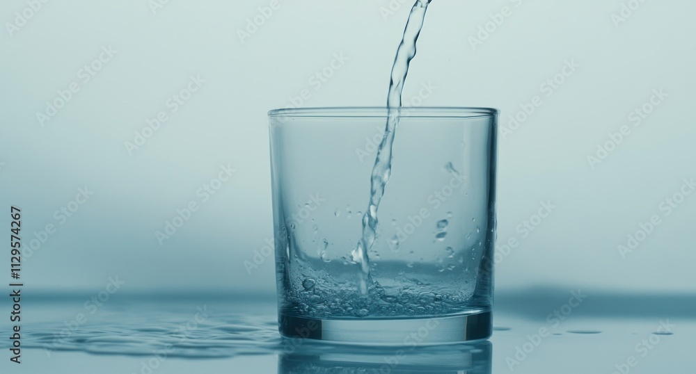 Water pouring into a glass on a reflective surface. Water pouring into a glass on a reflective surface.