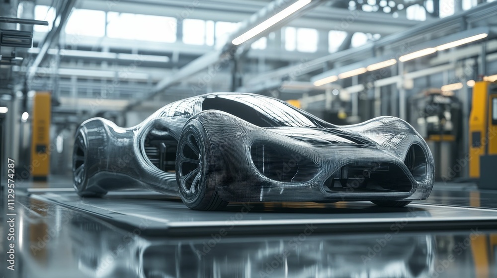 Sleek, futuristic car, factory setting. Sleek, futuristic car, factory setting.