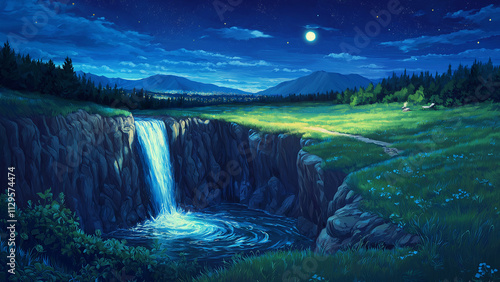 Above the canyon is a meadow, with water flowing between the rock walls. Illustrations that look like a scene from an anime or game background. Blue sky, sun, clouds, sunset, night, fog, etc. photo