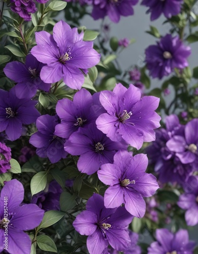 a cluster of vibrant purple flowers with delicate petals and leaves, outdoor scenery , botanicals, floral arrangements