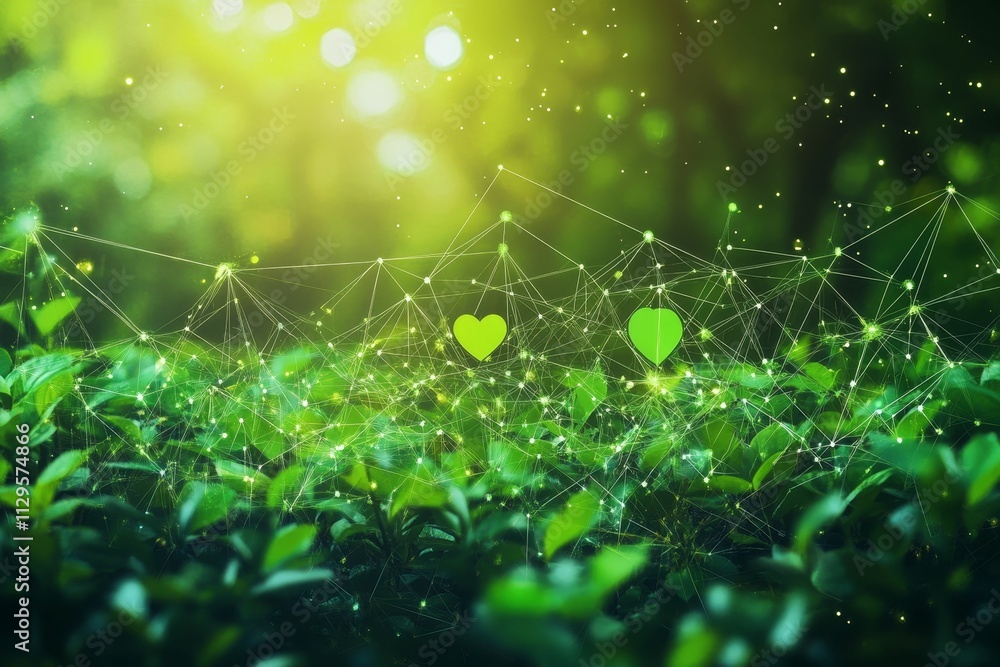 Green foliage, interconnected network, glowing hearts. Green foliage, interconnected network, glowing hearts.