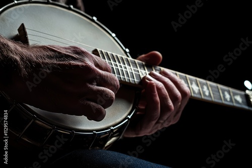 Close-up of hands playing a banjo against a black background. photo