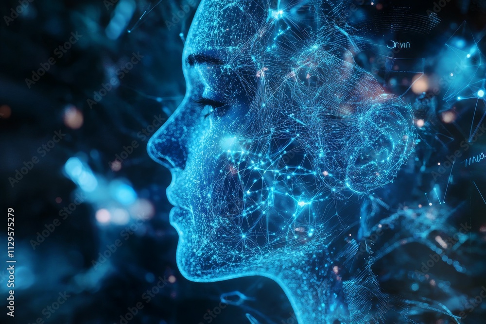Digital face, glowing network, abstract art. Digital face, glowing network, abstract art.