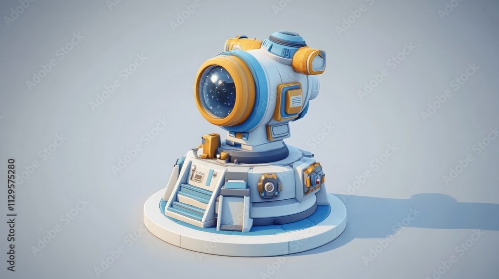 Stylized 3D render of a futuristic surveillance or observation device on a circular base. Stylized 3D render of a futuristic surveillance or observation device on a circular base.