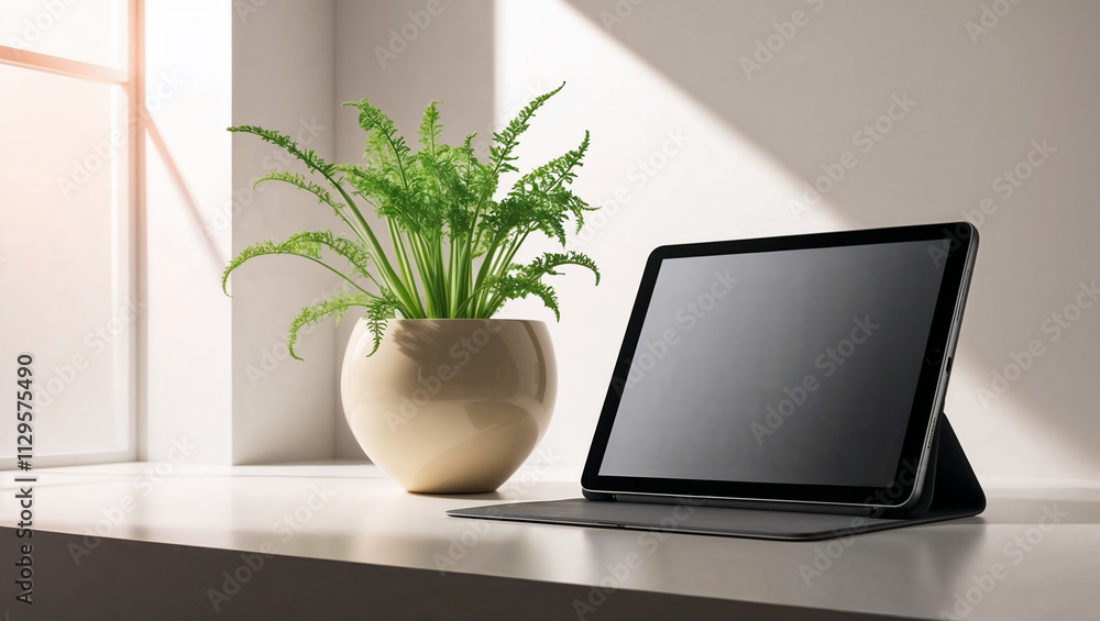 Tablet mockup, stylish mood, featuring a blank screen placed next to a potted fern in a modern interior. Tablet mockup, stylish mood, featuring a blank screen placed next to a potted fern in a modern interior.