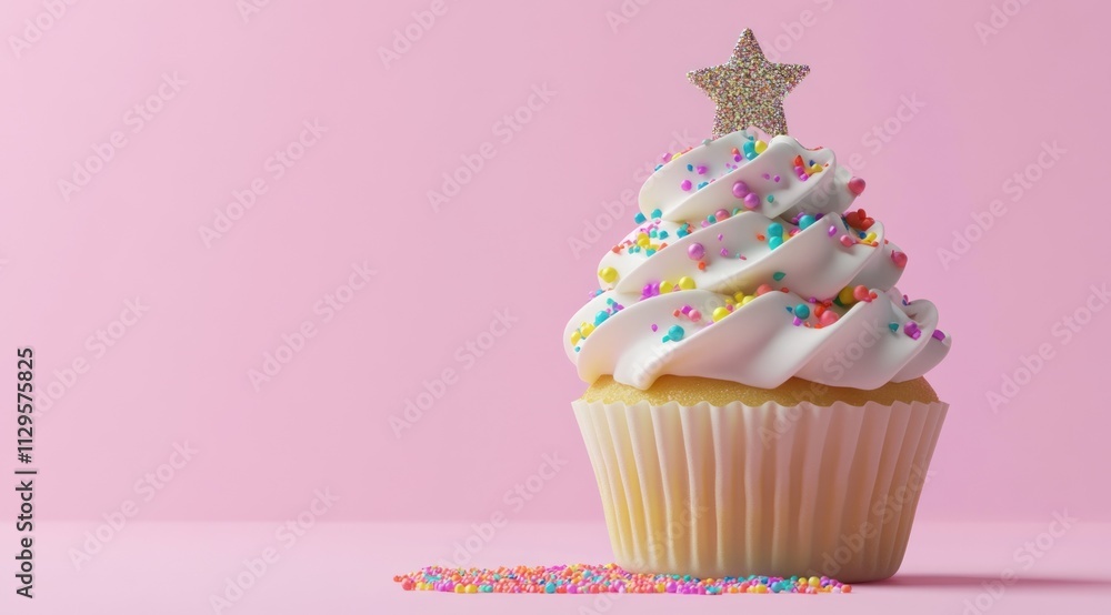 Delicious cupcake with white frosting, colorful sprinkles, and a star on top against a pink background. Delicious cupcake with white frosting, colorful sprinkles, and a star on top against a pink background.