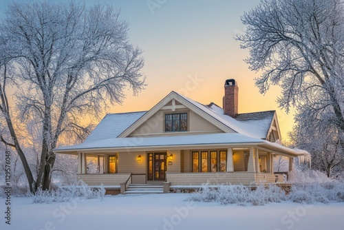 A Craftsman house with sandy beige siding and a wide front porch, surrounded by frosted trees and a serene snowy landscape at dawn