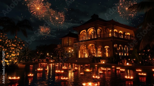 Luxurious Villa Decorated for Traditional Diwali Celebration Night