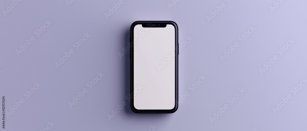 Flat lay of a black smartphone with a blank white screen. the phone is placed on a light purple background. the screen is rectangular in shape and appears to be empty. Flat lay of a black smartphone with a blank white screen. the phone is placed on a light purple background. the screen is rectangular in shape and appears to be empty.