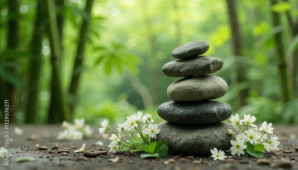 Zen stone stack with white flowers surrounded by lush bamboo in a peaceful setting Zen stone stack with white flowers surrounded by lush bamboo in a peaceful setting