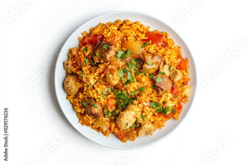 Bird s eye view of a paella dish on a white background photo