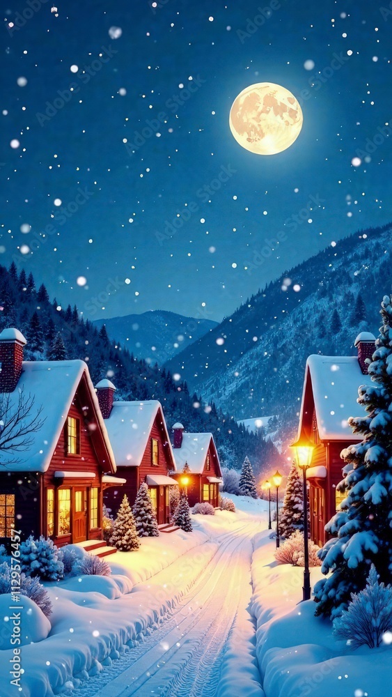 Naklejka premium Festive New Year's card featuring a cozy winter village with snow-covered rooftops, glowing streetlights, and a gentle snowfall in the night sky. Sky is filled with small stars and a bright full moon