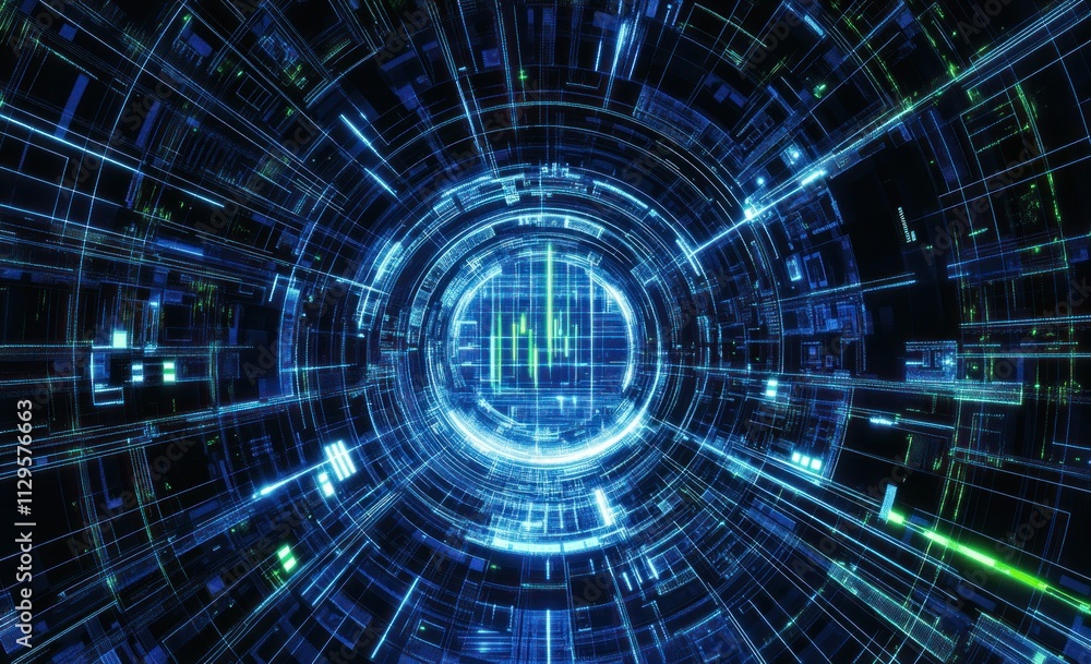 Abstract digital tunnel with glowing lines and data streams. Abstract digital tunnel with glowing lines and data streams.