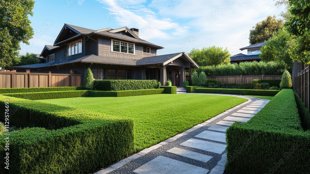 A detailed view of a Craftsman-style home with a large front lawn, featuring neatly trimmed hedges, a wooden fence, and a stone pathway A detailed view of a Craftsman-style home with a large front lawn, featuring neatly trimmed hedges, a wooden fence, and a stone pathway