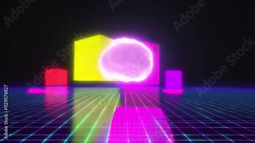 Seamless 3D Animation of Glowing Neon Shapes with Pulsating Cloud and Infinite Grid Background