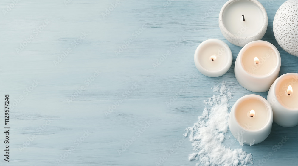 A cozy arrangement of glowing white candles with scattered snowy accents on a light pastel textured background, creating a serene and minimalist atmosphere with a soft and refined elegance. A cozy arrangement of glowing white candles with scattered snowy accents on a light pastel textured background, creating a serene and minimalist atmosphere with a soft and refined elegance.