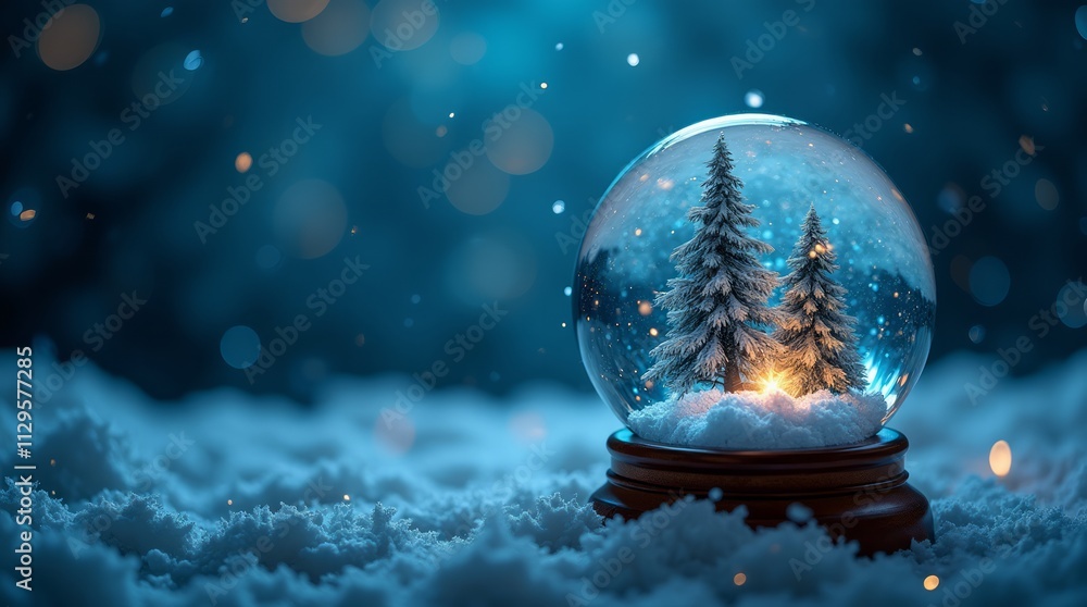 Toy glass ball with a Christmas tree inside on a winter background. Toy glass ball with a Christmas tree inside on a winter background.