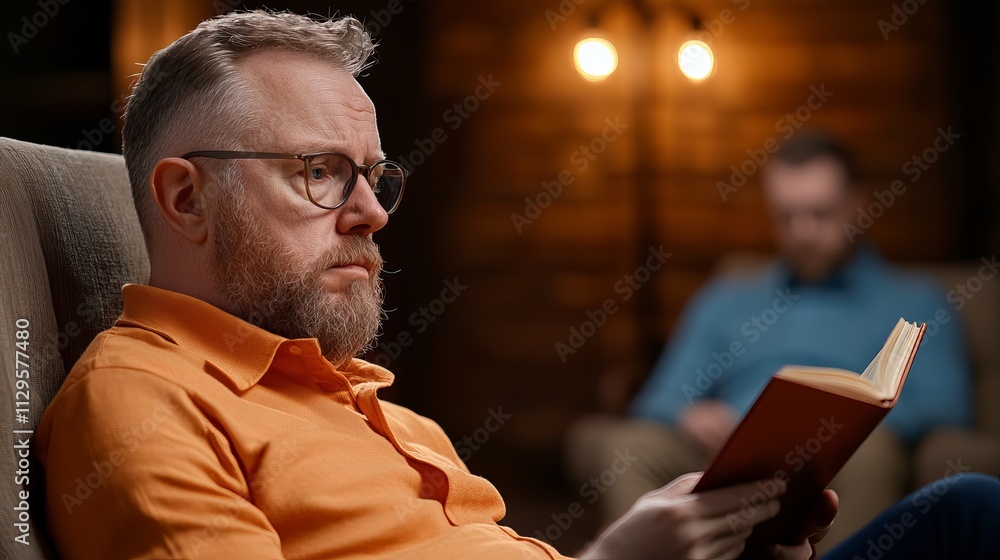 Thoughtful Caucasian man reading a book in a cozy, warm-lit room. Thoughtful Caucasian man reading a book in a cozy, warm-lit room.