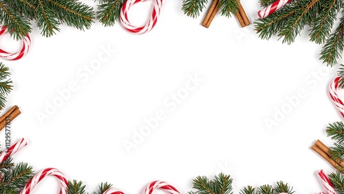 Festive Christmas flat lay with pine candy canes and cinnamon sticks on white background