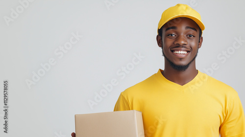 A young male delivery person in a bright uniform smiles warmly while holding a neatly packaged parcel against a crisp white background. photo